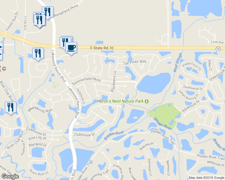 map of restaurants, bars, coffee shops, grocery stores, and more near 6316 Blackberry Lane in Bradenton