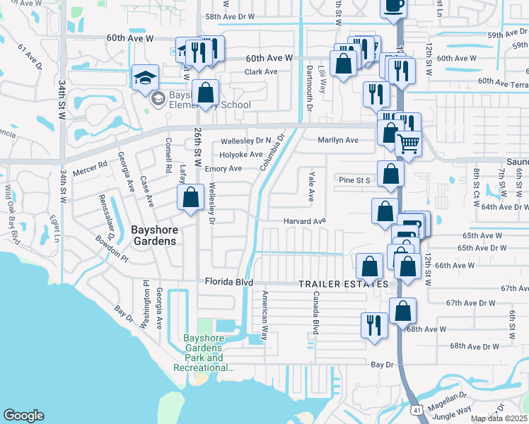 map of restaurants, bars, coffee shops, grocery stores, and more near 2107 Harvard Avenue in Bradenton