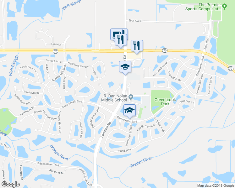map of restaurants, bars, coffee shops, grocery stores, and more near 14338 Tree Swallow Way in Bradenton