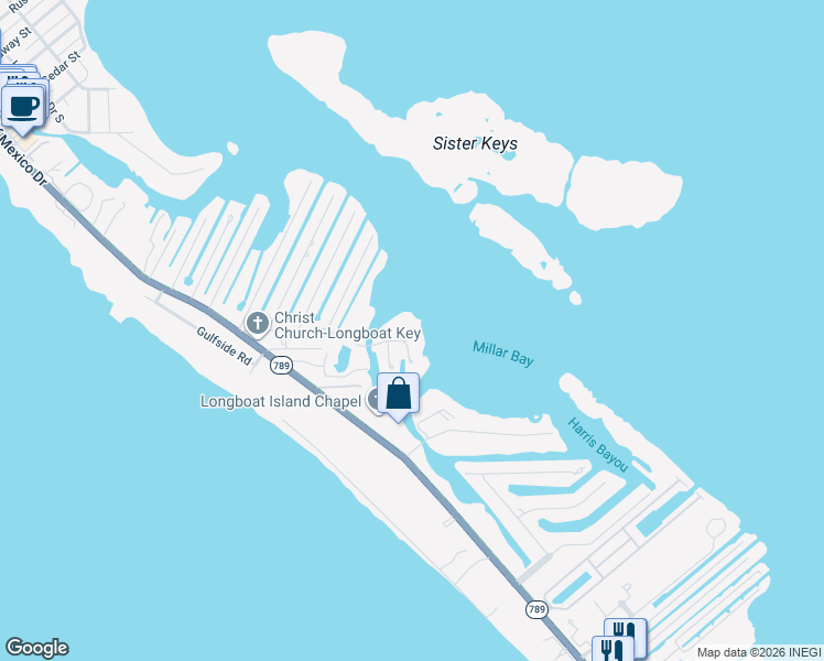 map of restaurants, bars, coffee shops, grocery stores, and more near 741 Hideaway Bay Drive in Longboat Key