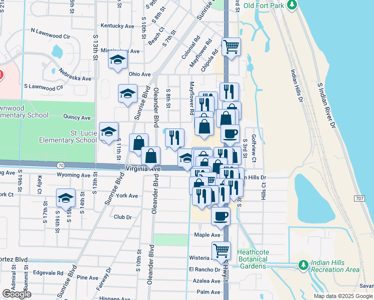 map of restaurants, bars, coffee shops, grocery stores, and more near 700 Virginia Ave in Fort Pierce