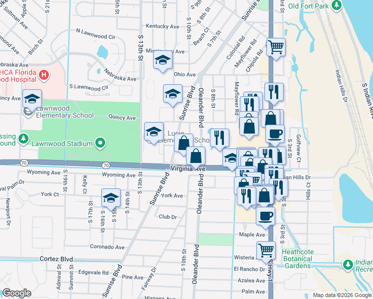 map of restaurants, bars, coffee shops, grocery stores, and more near 900 Virginia Avenue in Fort Pierce