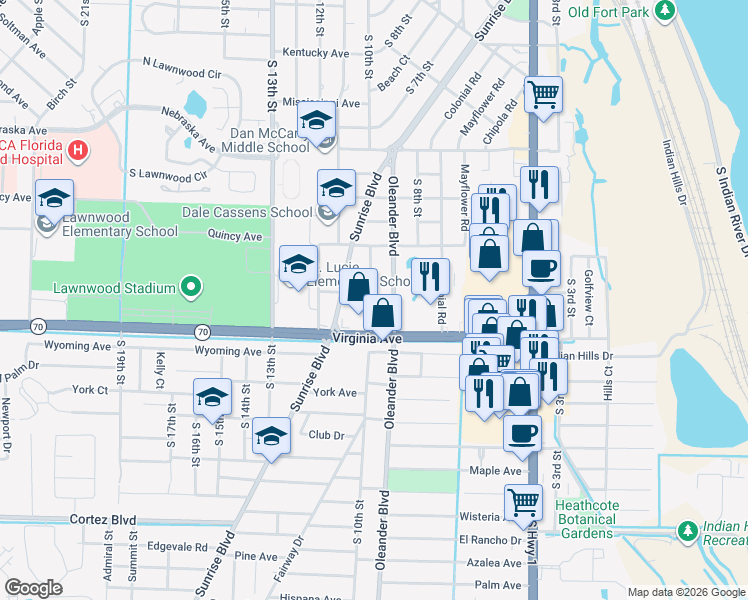 map of restaurants, bars, coffee shops, grocery stores, and more near 900 Virginia Avenue in Fort Pierce
