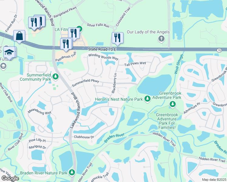 map of restaurants, bars, coffee shops, grocery stores, and more near 6312 Blackberry Lane in Bradenton