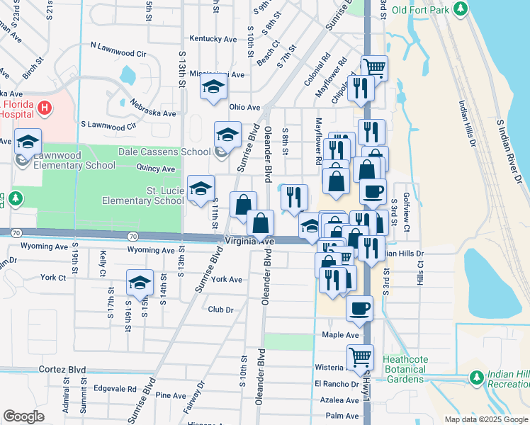 map of restaurants, bars, coffee shops, grocery stores, and more near 2010 South 10th Street in Fort Pierce