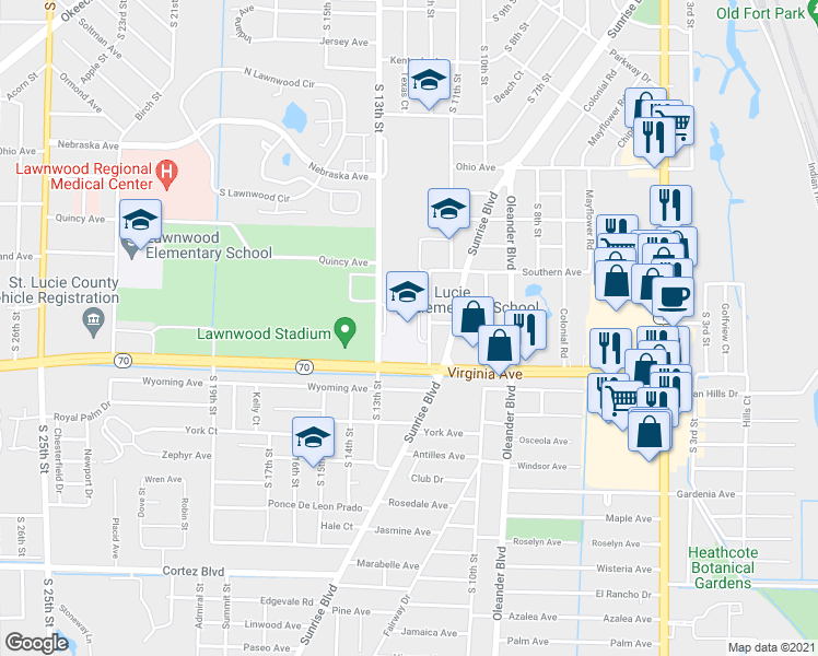 map of restaurants, bars, coffee shops, grocery stores, and more near 2020 South 13th Street in Fort Pierce