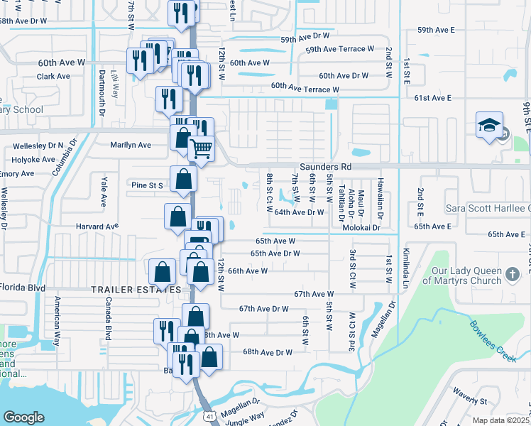 map of restaurants, bars, coffee shops, grocery stores, and more near 6420 8th Street Court West in Bradenton