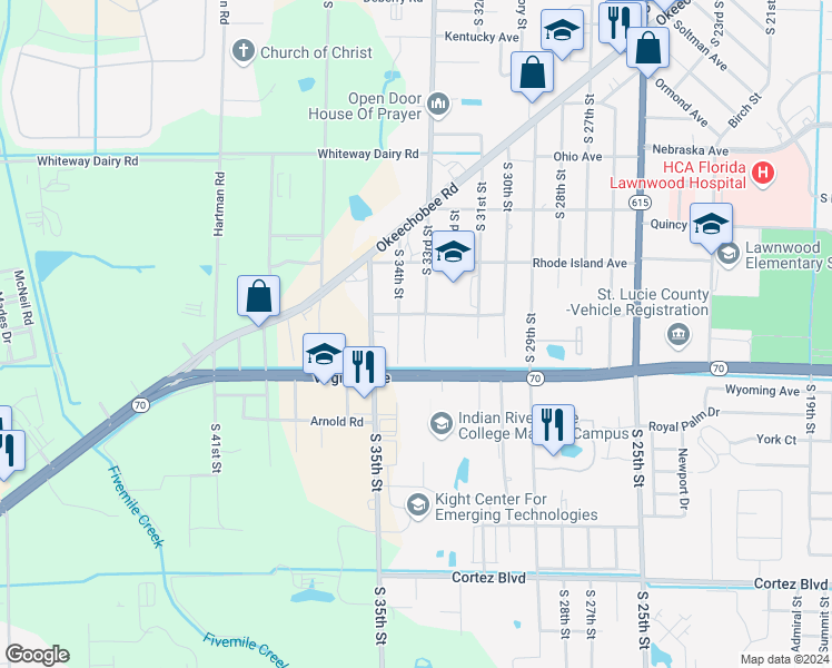 map of restaurants, bars, coffee shops, grocery stores, and more near 2109 South 33rd Street in Fort Pierce