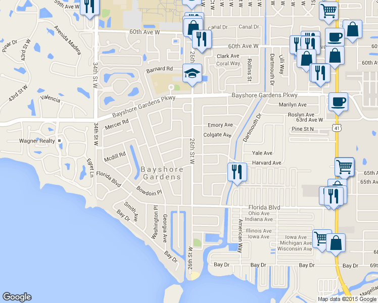 map of restaurants, bars, coffee shops, grocery stores, and more near 6411 Lafayette Road in Bradenton