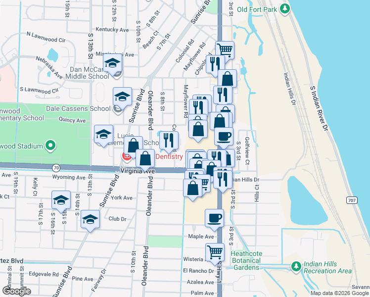 map of restaurants, bars, coffee shops, grocery stores, and more near 2050 Colonial Road in Fort Pierce
