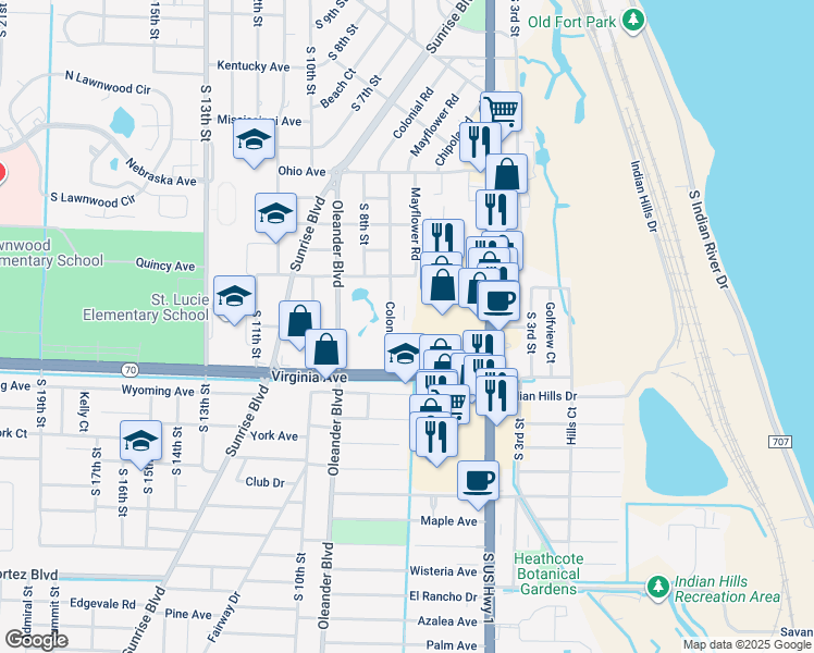map of restaurants, bars, coffee shops, grocery stores, and more near 2050 Colonial Road in Fort Pierce