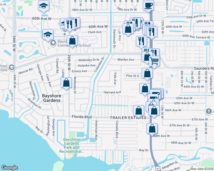 map of restaurants, bars, coffee shops, grocery stores, and more near 2007 Princeton Avenue in Bradenton