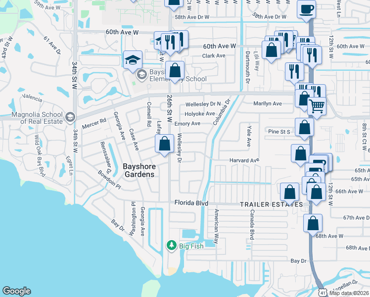 map of restaurants, bars, coffee shops, grocery stores, and more near 6332 Wellesley Drive in Bradenton