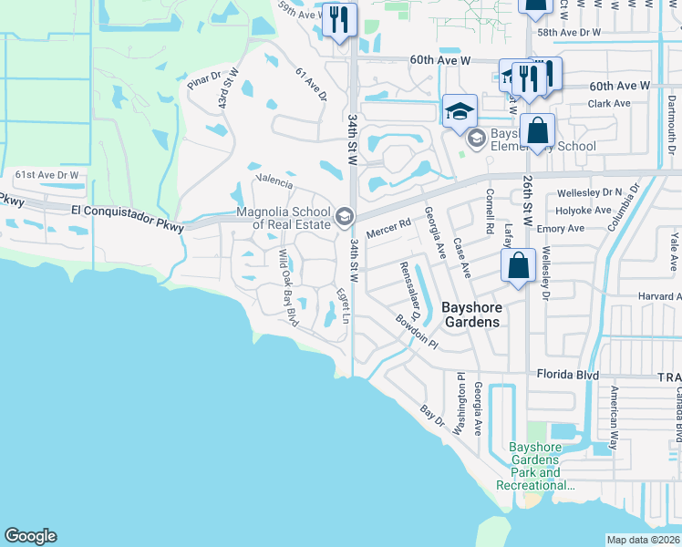 map of restaurants, bars, coffee shops, grocery stores, and more near 6416 Wood Owl Circle in Bradenton