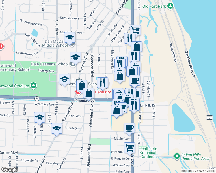 map of restaurants, bars, coffee shops, grocery stores, and more near 2050 Colonial Road in Fort Pierce