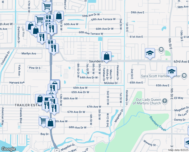 map of restaurants, bars, coffee shops, grocery stores, and more near 508 64th Avenue West in Bradenton