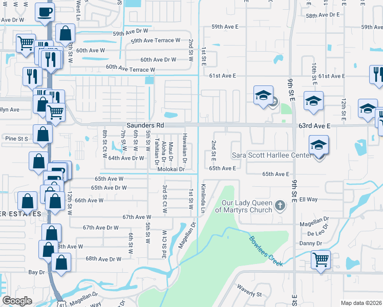map of restaurants, bars, coffee shops, grocery stores, and more near 6404 1st Street East in Bradenton