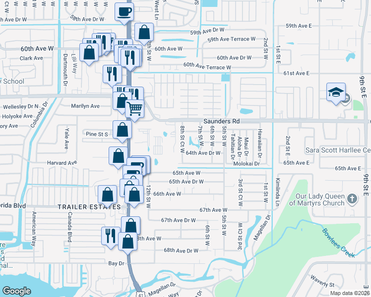 map of restaurants, bars, coffee shops, grocery stores, and more near 6403 8th Street Court West in Bradenton