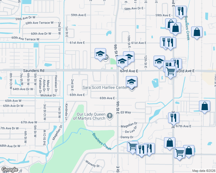 map of restaurants, bars, coffee shops, grocery stores, and more near 705 64th Avenue East in Bradenton