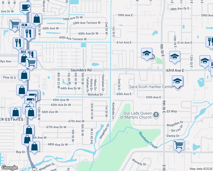 map of restaurants, bars, coffee shops, grocery stores, and more near 6404 1st Street East in Bradenton
