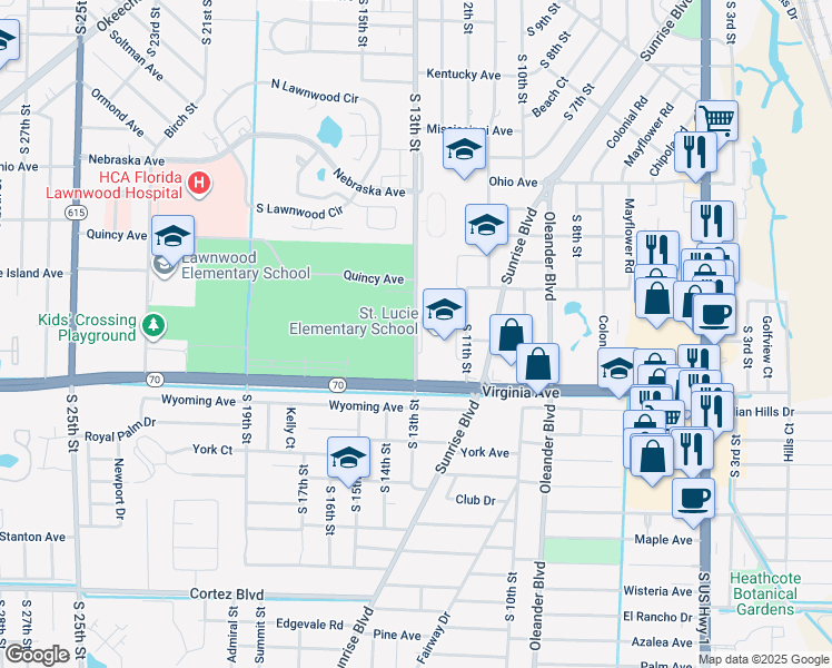 map of restaurants, bars, coffee shops, grocery stores, and more near 2020 South 13th Street in Fort Pierce