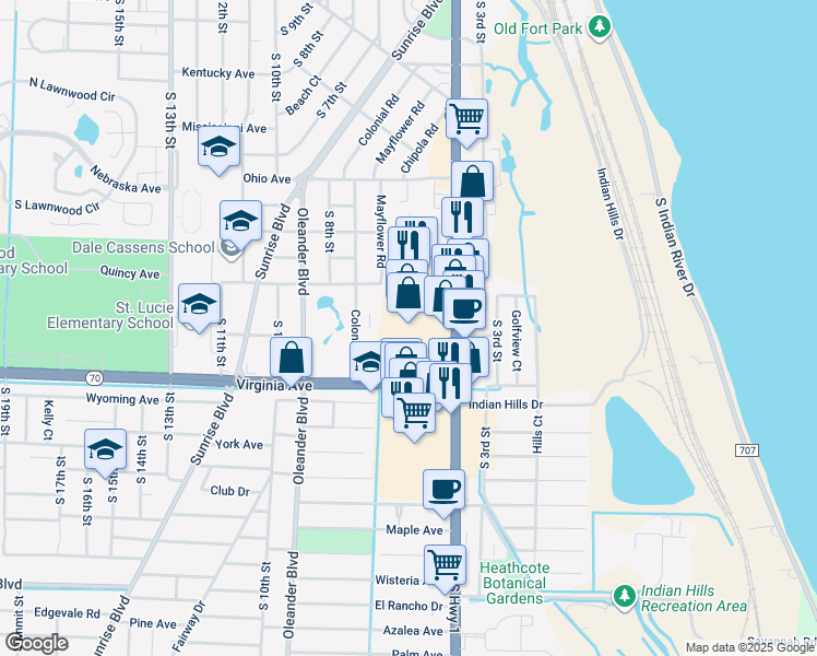 map of restaurants, bars, coffee shops, grocery stores, and more near 2009 U.S. 1 in Fort Pierce