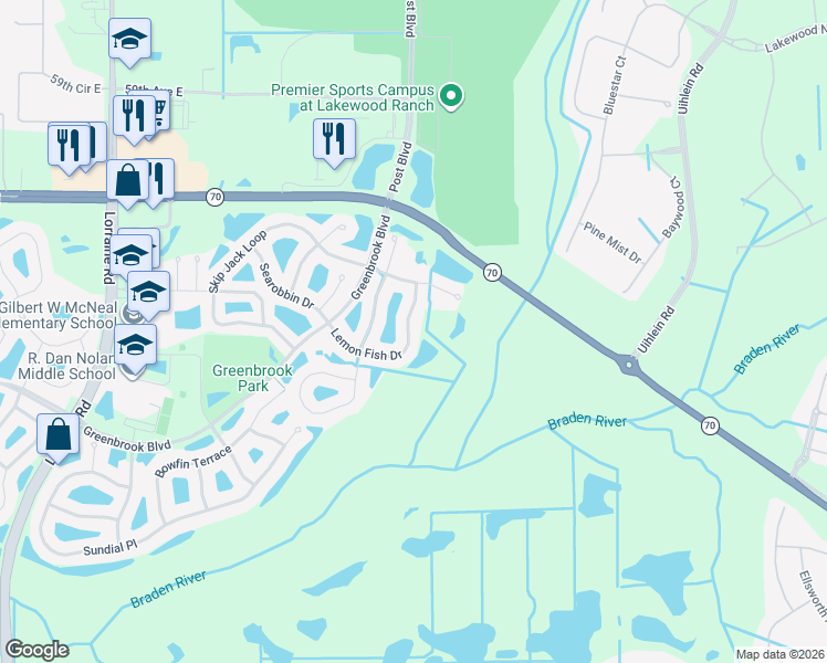 map of restaurants, bars, coffee shops, grocery stores, and more near 15662 Lemon Fish Drive in Bradenton