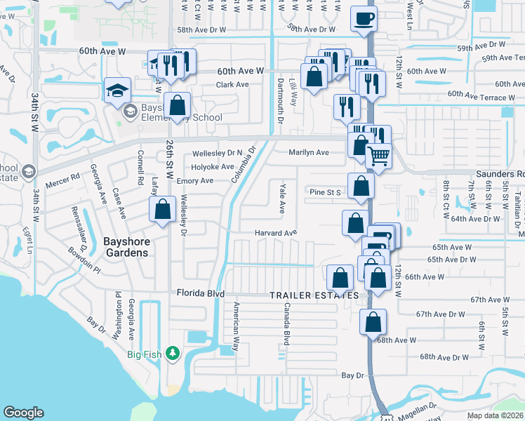 map of restaurants, bars, coffee shops, grocery stores, and more near 2007 Princeton Avenue in Bradenton
