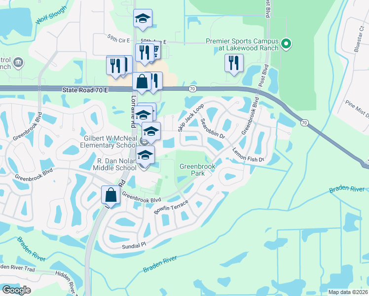 map of restaurants, bars, coffee shops, grocery stores, and more near 14860 Skip Jack Loop in Lakewood Ranch