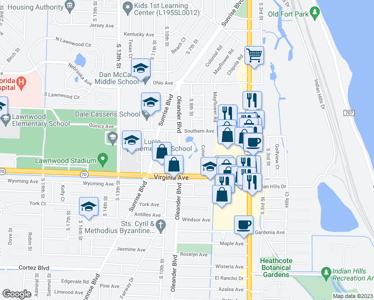 map of restaurants, bars, coffee shops, grocery stores, and more near 2050 Oleander Boulevard in Fort Pierce