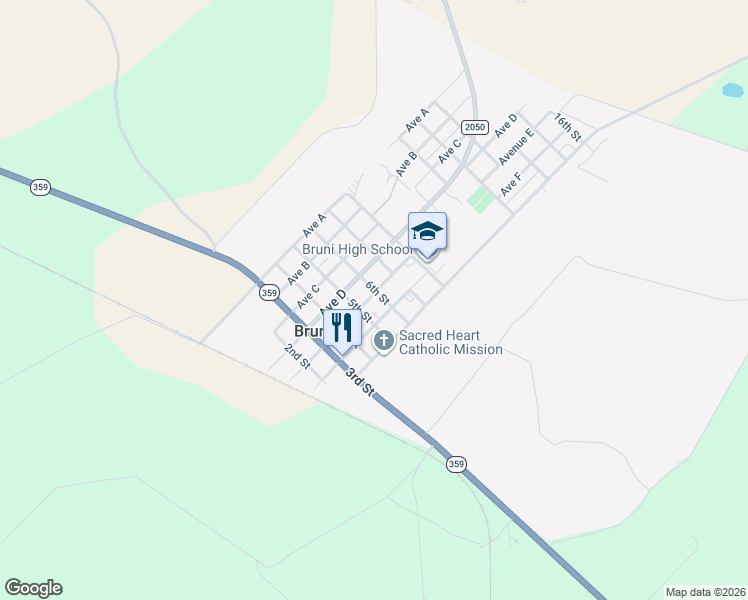 map of restaurants, bars, coffee shops, grocery stores, and more near 319 Avenue East in Bruni