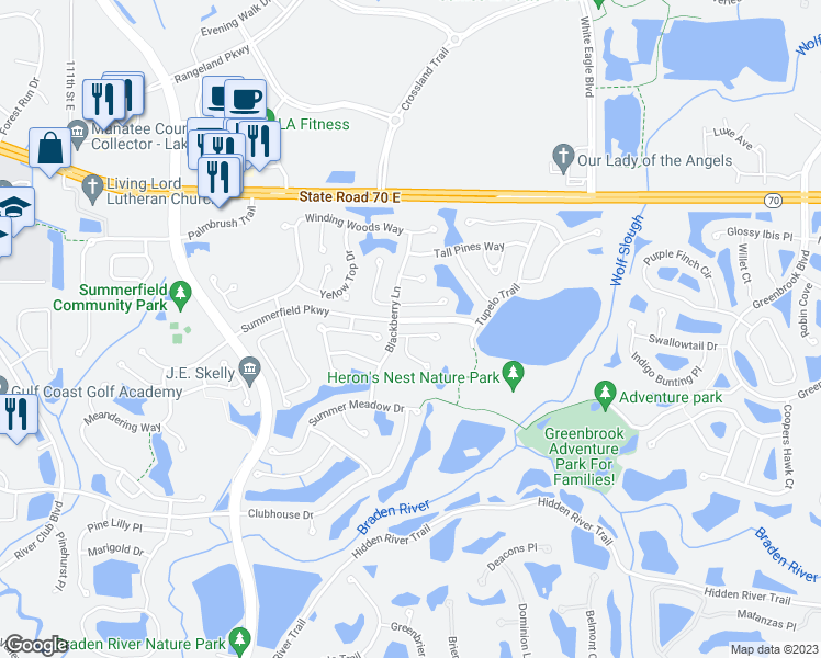 map of restaurants, bars, coffee shops, grocery stores, and more near 12301 Wood Sage Terrace in Bradenton