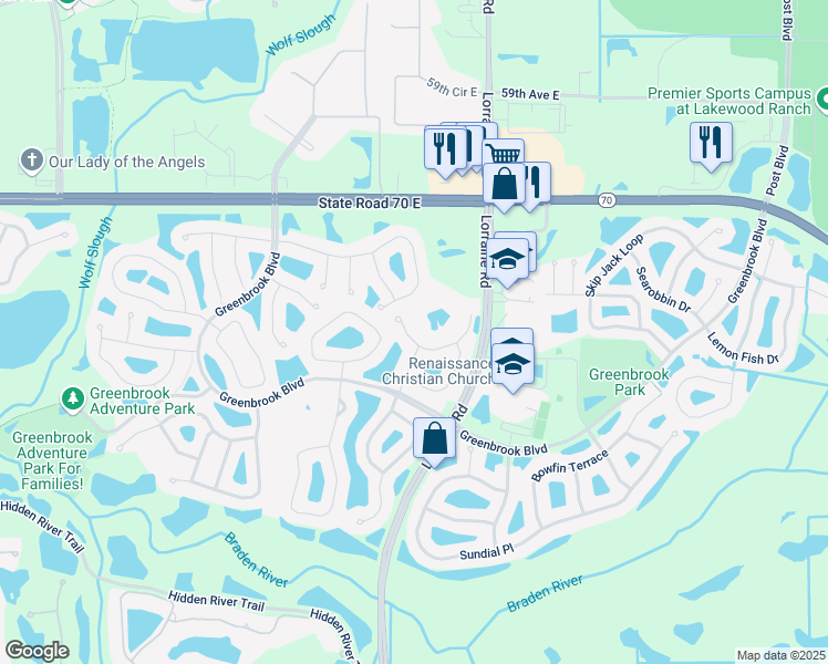 map of restaurants, bars, coffee shops, grocery stores, and more near 14227 Gnatcatcher Terrace in Lakewood Ranch