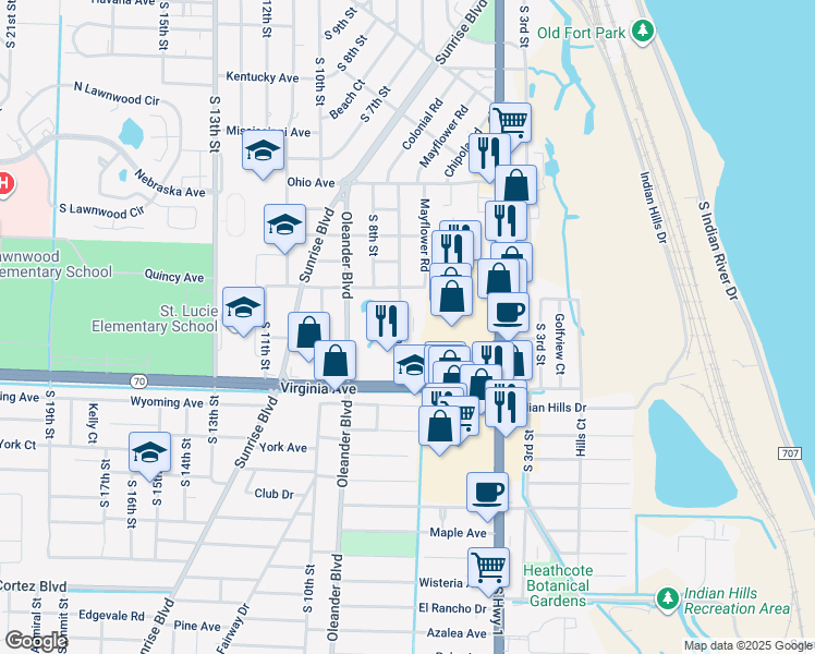 map of restaurants, bars, coffee shops, grocery stores, and more near 2050 Colonial Road in Fort Pierce
