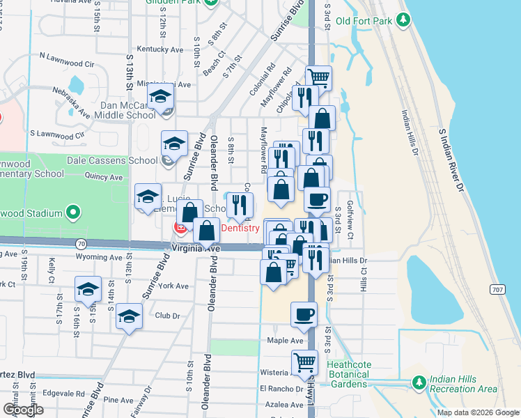 map of restaurants, bars, coffee shops, grocery stores, and more near 2050 Colonial Road in Fort Pierce