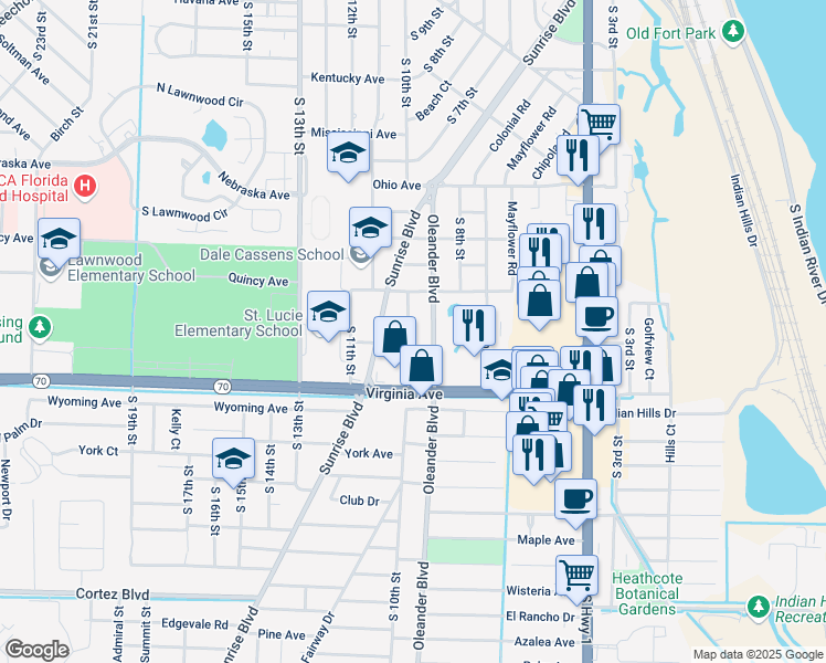 map of restaurants, bars, coffee shops, grocery stores, and more near 2010 South 10th Street in Fort Pierce
