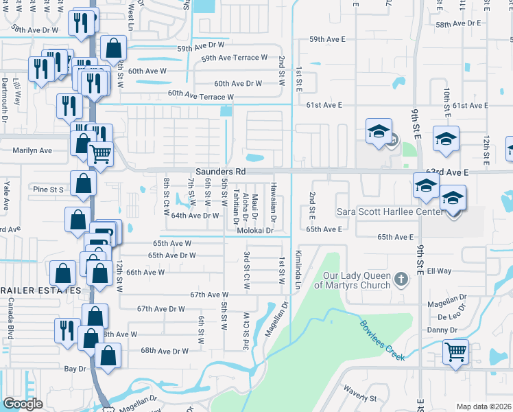 map of restaurants, bars, coffee shops, grocery stores, and more near 6402 Honolulu Drive in Bradenton