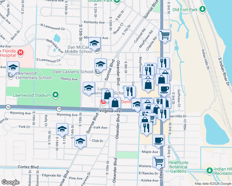 map of restaurants, bars, coffee shops, grocery stores, and more near 2011 Oleander Boulevard in Fort Pierce