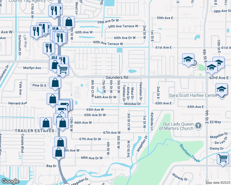 map of restaurants, bars, coffee shops, grocery stores, and more near 508 64th Avenue West in Bradenton