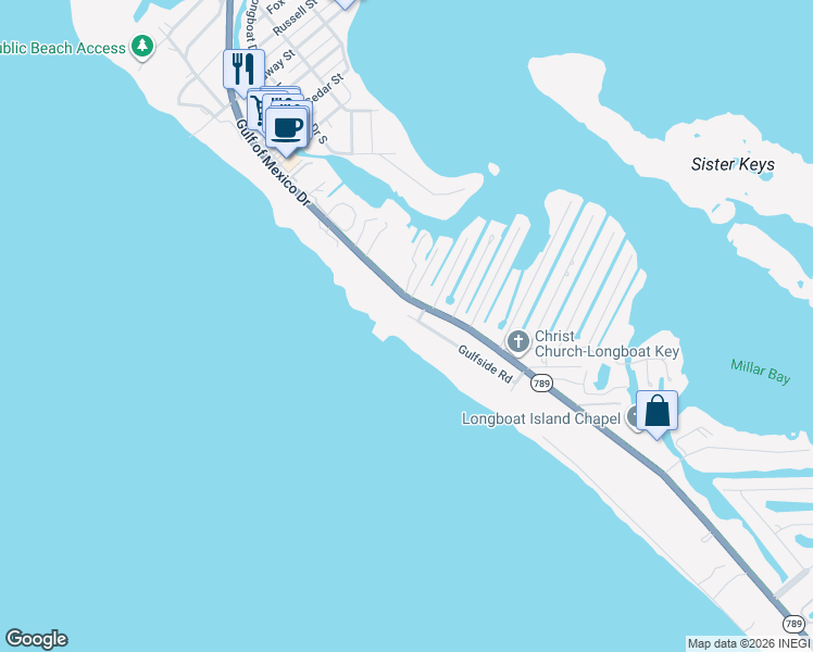 map of restaurants, bars, coffee shops, grocery stores, and more near 6577 Gulfside Road in Longboat Key