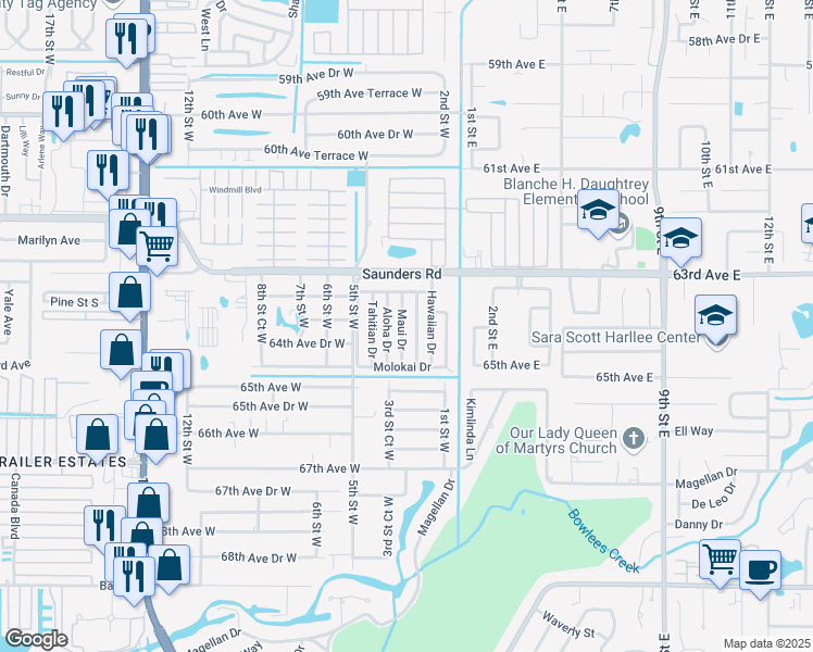 map of restaurants, bars, coffee shops, grocery stores, and more near 6503 Honolulu Drive in Bradenton