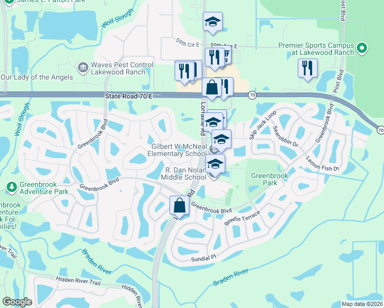 map of restaurants, bars, coffee shops, grocery stores, and more near 14331 Gnatcatcher Terrace in Lakewood Ranch