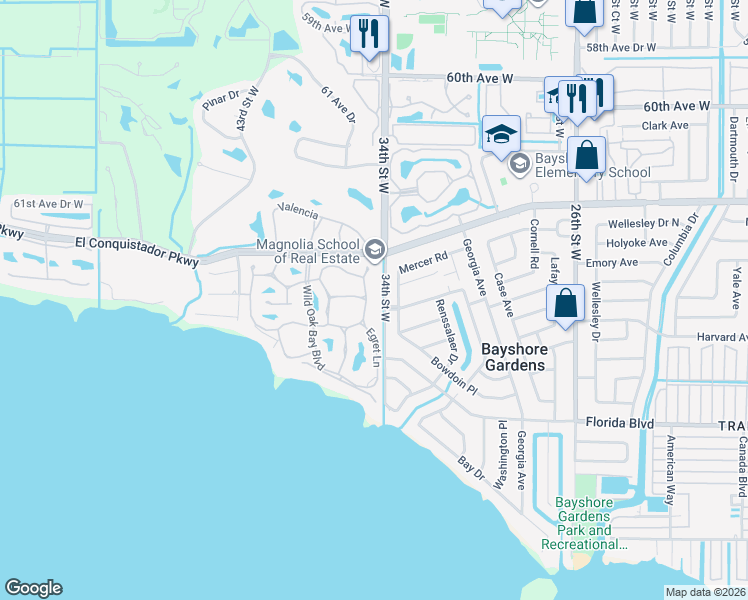 map of restaurants, bars, coffee shops, grocery stores, and more near 6308 Pelican Drive in Bradenton
