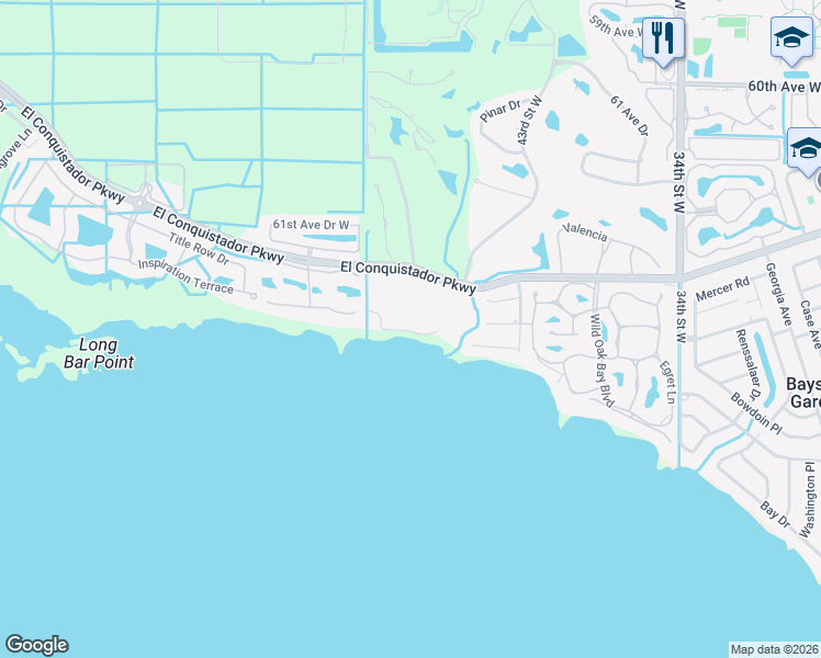 map of restaurants, bars, coffee shops, grocery stores, and more near 4529 Bay Club Drive in Bradenton