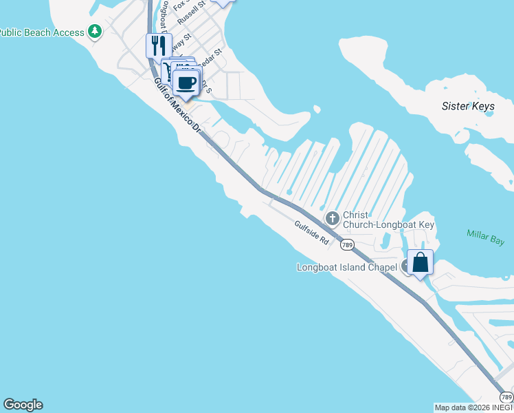 map of restaurants, bars, coffee shops, grocery stores, and more near 6577 Gulfside Road in Longboat Key