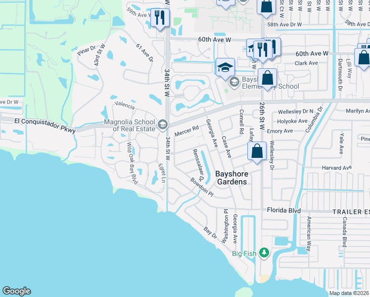 map of restaurants, bars, coffee shops, grocery stores, and more near 3305 Cambridge Avenue in Bradenton