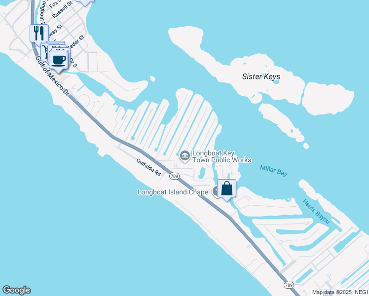 map of restaurants, bars, coffee shops, grocery stores, and more near 623 Marbury Lane in Longboat Key