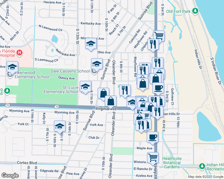 map of restaurants, bars, coffee shops, grocery stores, and more near 2010 South 10th Street in Fort Pierce