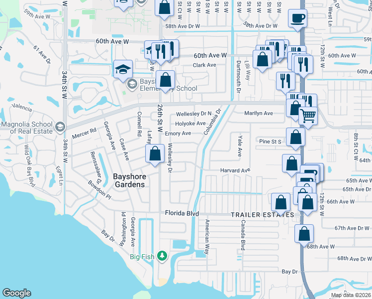 map of restaurants, bars, coffee shops, grocery stores, and more near 2315 Amherst Avenue in Bradenton
