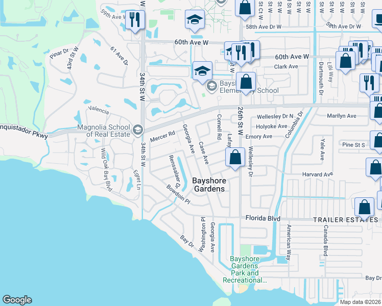 map of restaurants, bars, coffee shops, grocery stores, and more near 6403 Georgia Avenue in Bradenton